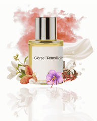 Badem, yasemin, safran ve kremsi dokularla hazırlanan The Doros Bakarex541 036 koku sunumu. Yumuşak ve modern bir kompozisyon görseli.