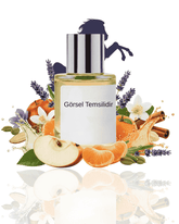 THE DOROS LARTON 021 için narenciye, elma, kakule ve aromatik bitkilerle hazırlanan modern koku sunumu; ferah ve baharatlı dokuların birleştiği temsil görseli.