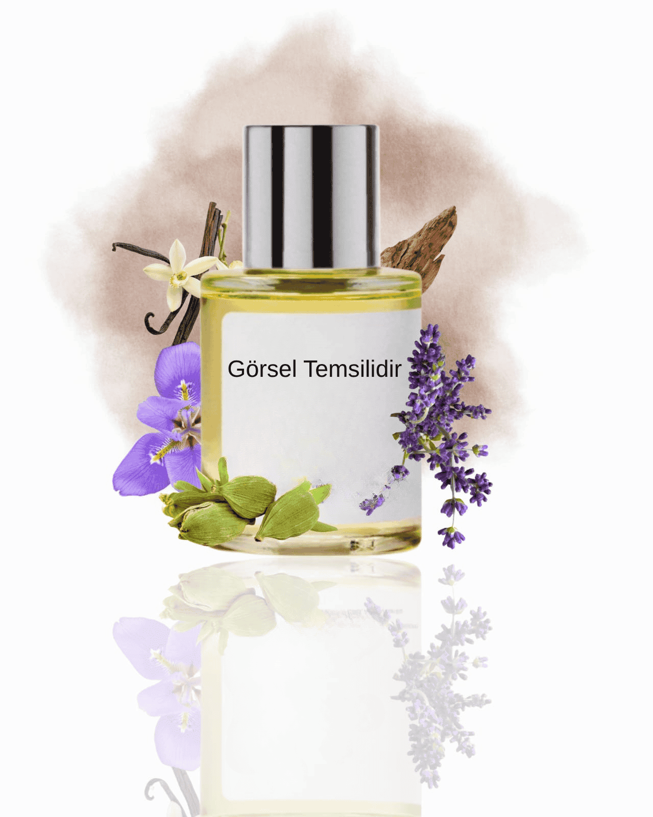 THE DOROS LEMALO 025 için vanilya, kakule, lavanta ve hafif odunsu dokularla hazırlanmış modern koku sunumu; çiçeksi ve baharatlı tonların birleştiği temsil görseli.