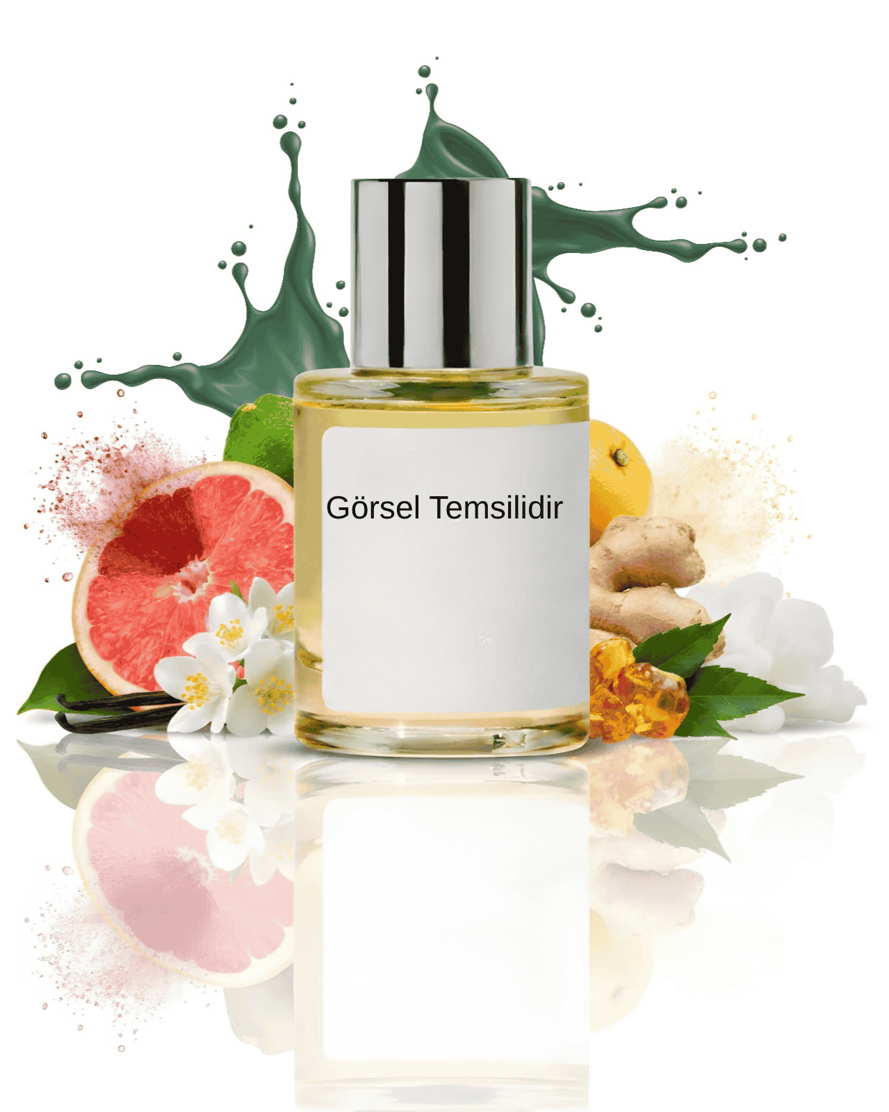 THE DOROS VIBRATA 019 için greyfurt, limon, zencefil, vanilya ve reçinemsi tonlarla hazırlanmış modern koku sunumu; ferah ve baharatlı dokuların yer aldığı temsil görseli.