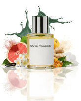 THE DOROS VIBRATA 019 için greyfurt, limon, zencefil, vanilya ve reçinemsi tonlarla hazırlanmış modern koku sunumu; ferah ve baharatlı dokuların yer aldığı temsil görseli.