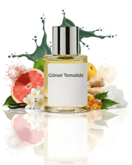 THE DOROS VIBRATA 019 için greyfurt, limon, zencefil, vanilya ve reçinemsi tonlarla hazırlanmış modern koku sunumu; ferah ve baharatlı dokuların yer aldığı temsil görseli.