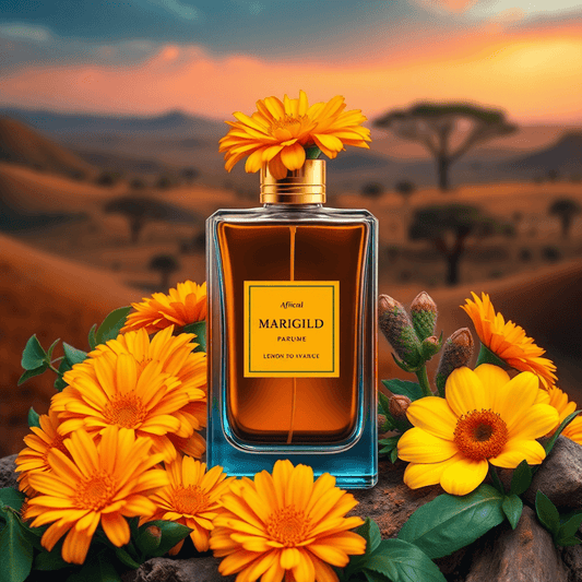 Şık bir parfüm şişesi, marigold çiçekleri, narenciye meyveleri ve vetiver ile sedir ağacı gibi doğal unsurlarla çevrili, canlı bir Afrika esintili kokudur Bal D