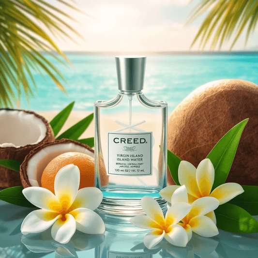 Lüks Creed Virgin Island Water parfüm şişesi, arka planda huzurlu bir Karayip plajı ve turkuaz sularla birlikte hindistan cevizi, bergamot ve yasemin ile çevril