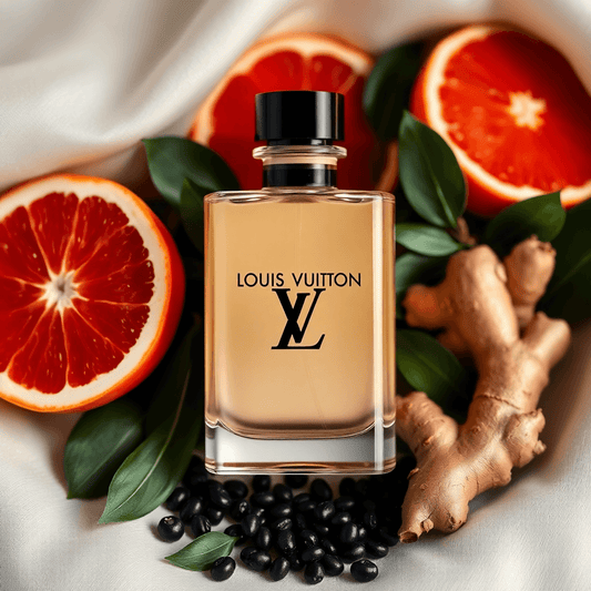 Şık bir Louis Vuitton parfüm şişesi, yumuşak ve lüks bir arka planda greyfurt, siyah çay yaprakları ve zencefil kökleriyle çevrili.