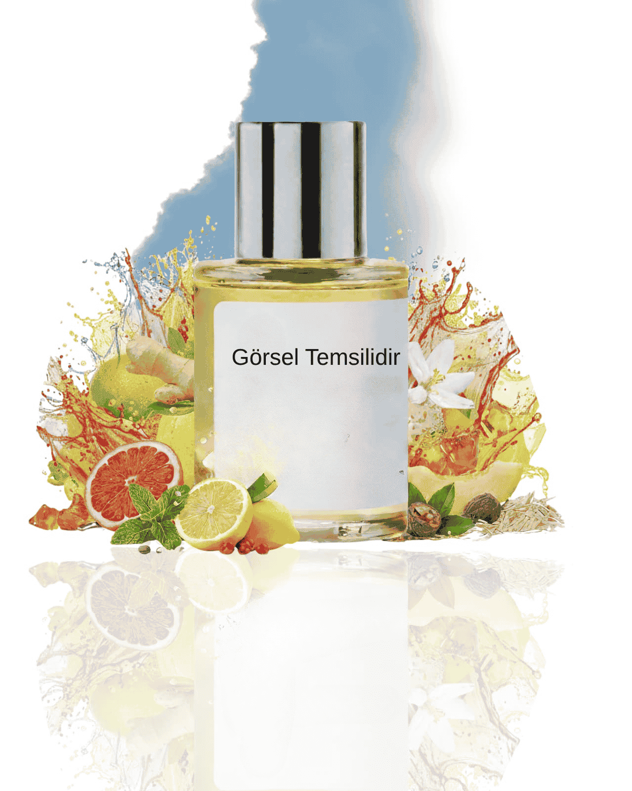 THE DOROS BLUDECANX 020 için greyfurt, limon, nane, zencefil ve aromatik yeşil tonlarla hazırlanmış modern koku sunumu; beyaz çiçekler ve narenciye sıçramalarının yer aldığı temsil görseli.
