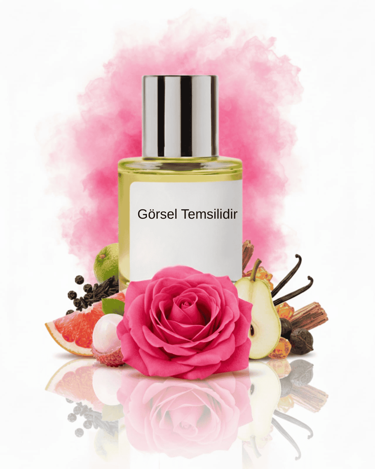 THE DOROS DELINOR 018 için meyveli ve çiçeksi dokularla hazırlanmış modern koku sunumu; armut, kırmızı meyve ve çiçek detaylı temsil görseli.
