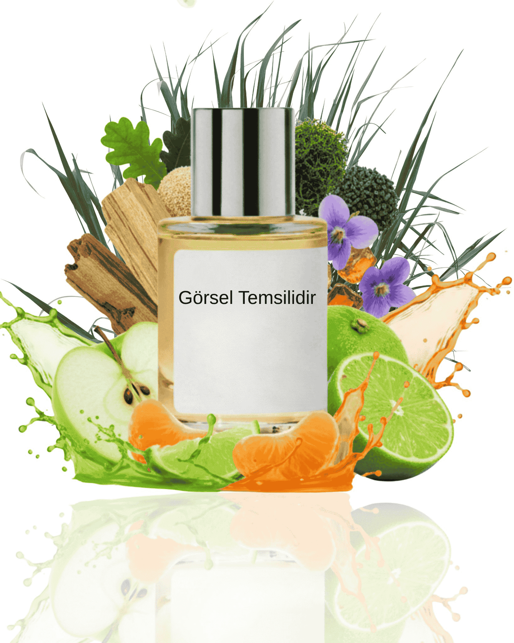 THE DOROS GRINLI 022 için elma, greyfurt, limon, taze yeşil aromalar ve çiçeksi dokularla hazırlanmış modern koku sunumu; narenciye ve baharat tonlarının yer aldığı temsil görseli.
