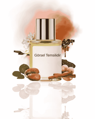 THE DOROS KAMRAHLA 016 için amber ve baharat dokularıyla hazırlanan modern koku sunumu, şişe çevresinde vanilya, tonka ve tarçın detaylı temsil görseli.
