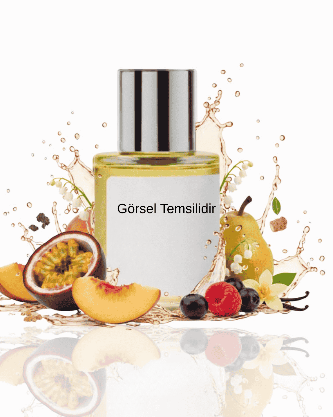 Şeftali, tropikal meyveler, armut ve vanilya dokularıyla hazırlanan The Doros Kirkay 027 koku sunumu. Meyvemsi ve modern bir kompozisyon görseli.
