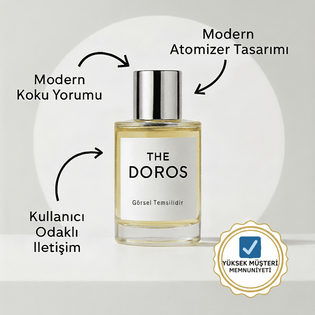 Doros Parfüm modern koku yorumu ve modern atomizer tasarımı sunan premium ürün görseli.