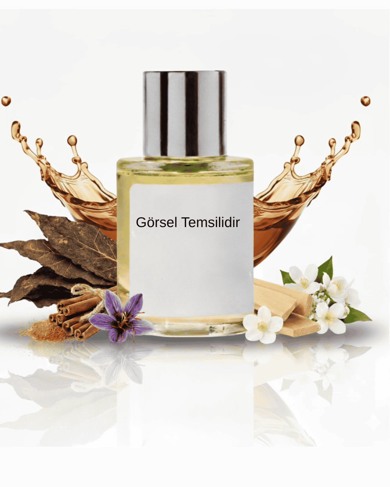 THE DOROS SYDEFEKTO 024 için tütün yaprağı, tarçın, safran ve hafif odunsu tonlarla hazırlanan modern koku sunumu; çiçeksi detayların yer aldığı temsil görseli.
